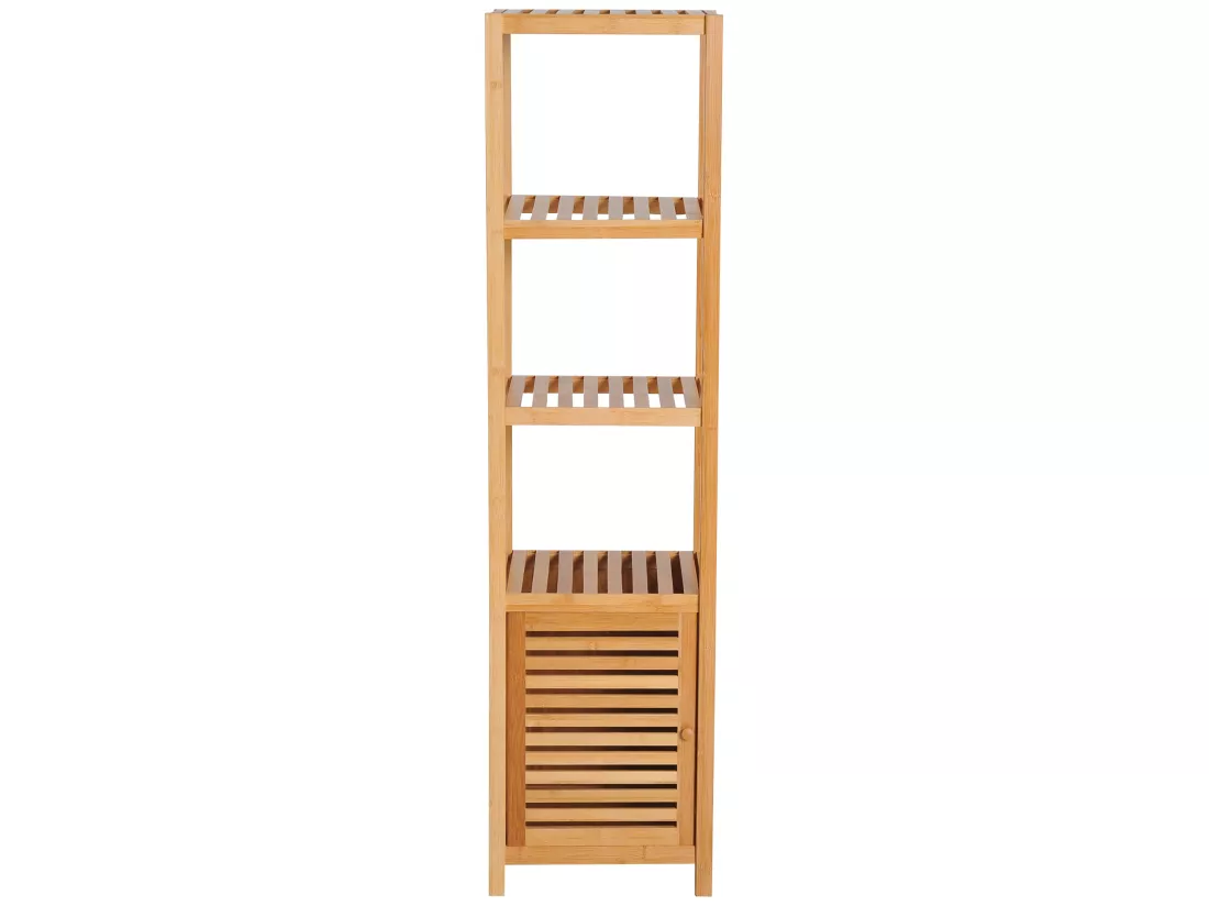 Meuble colonne rangement salle de bain bambou design naturel 36L x 33l x 140H cm 2 étagères 4 niveaux + placard
