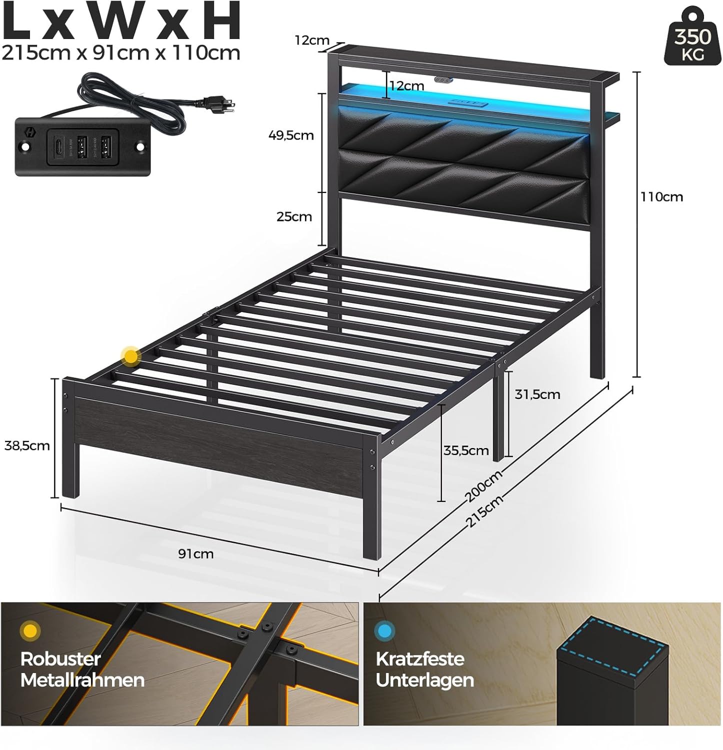 Seventable Bett 90x200 mit LED, Ladestation (2 USB-Anschlüsse & 1 Typ-C-Anschluss), Metallbett mit Gepolstertem Kopfteil & Stauraum, perfekt für Kinderzimmer, Jugendzimmer, Schwarz