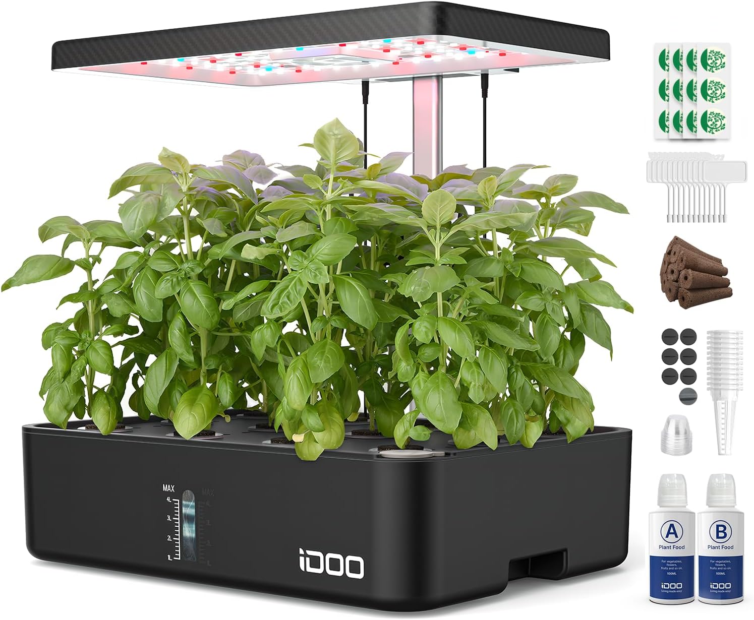 iDOO Hydroponic System, Smart Garden, Hydroponisches Anzuchtsystem,12Hülsen, mit Automatisch Timer, Smart Garden mit LED Pflanzenlampe und Ventilato, Höhenverstellbar kräutergarten Set, Schwarz