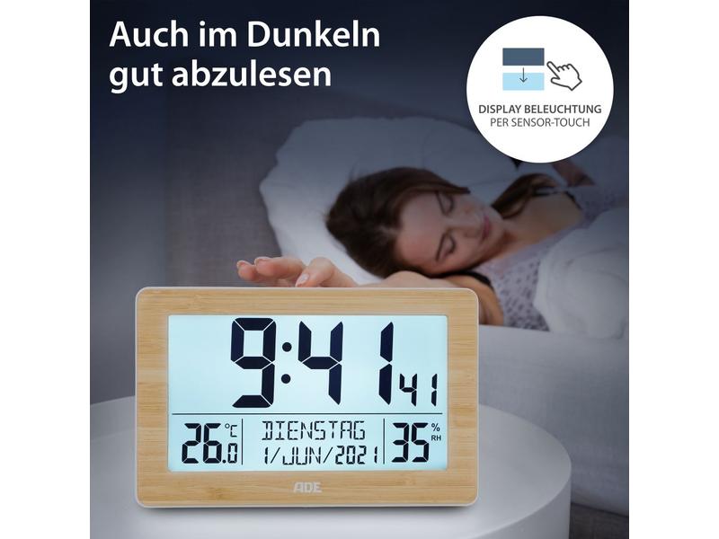 ADE Funk-Wanduhr Hellbraun/Weiss Wecker mit digitaler Anzeige