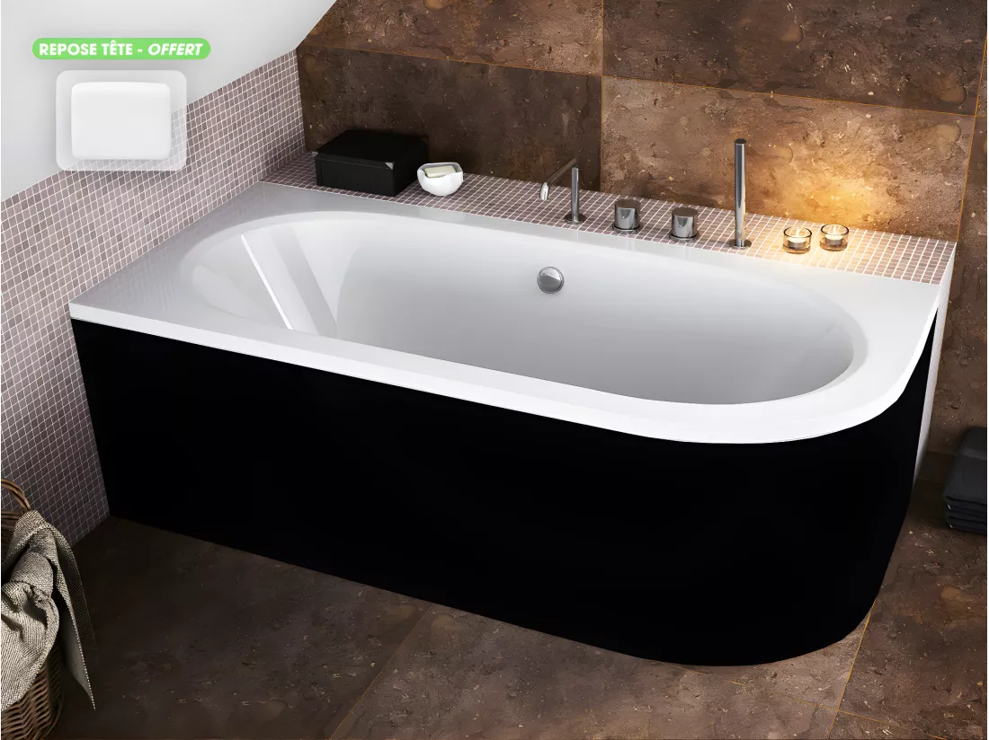 Baignoire d'angle - avec tablier noir Mat et repose tête offert | AVITA | 170 x 75 cm - Gauche