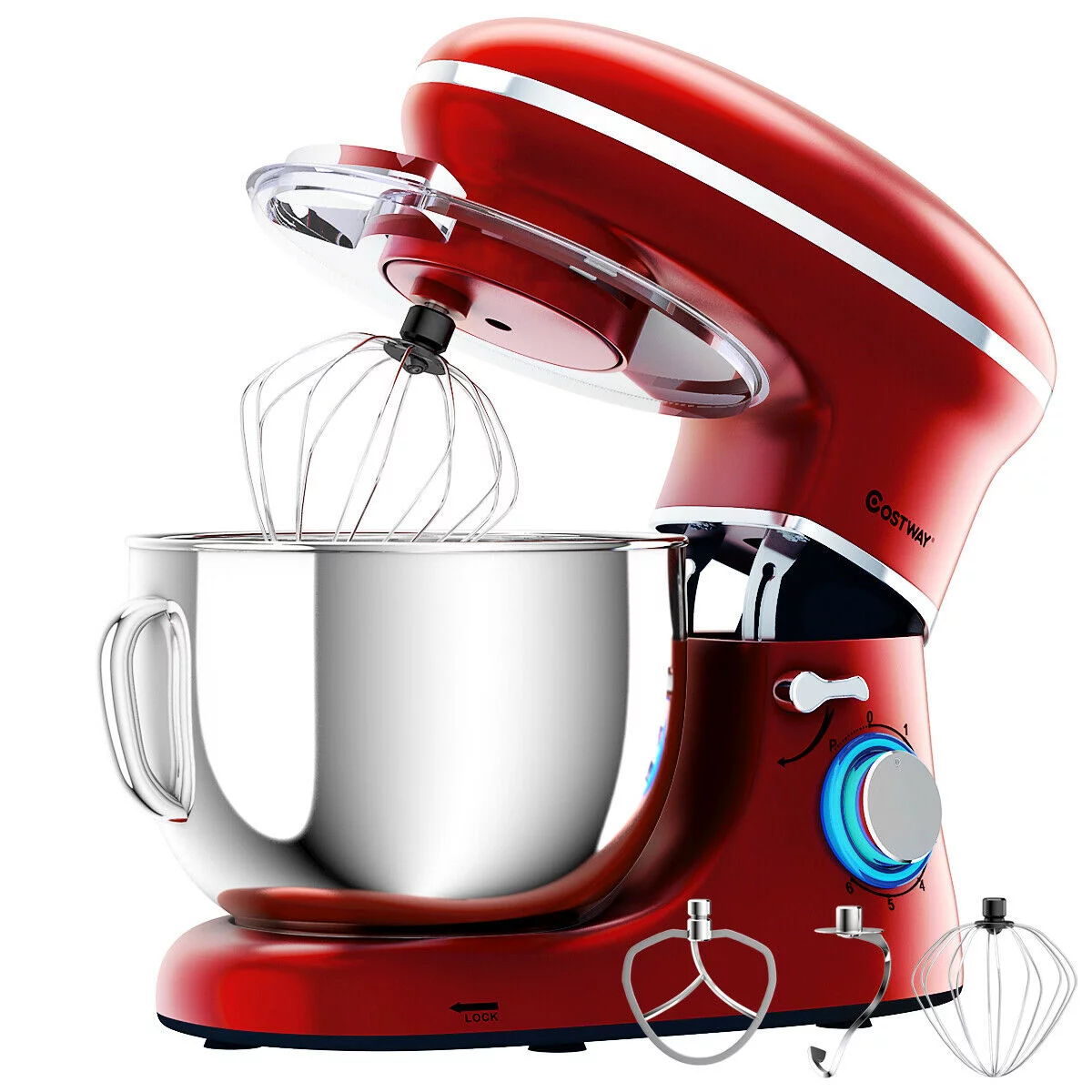 Batedeira de pedestal Costway de 6 velocidades, 660 W, com gancho para massa e batedor de arame, 6,3 qt (6,3 litros), branca.