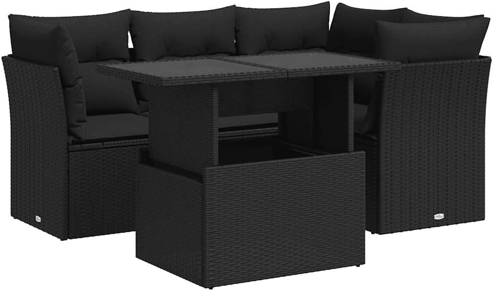 vidaXL 5-TLG. Garten-Sofagarnitur mit Kissen Schwarz Poly Rattan, Outdoor Sofa Set, Outdoor Sofagarnitur, Garten-Lounge-Set, Garten Sofagarnitur