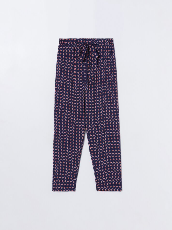 Calças fluidas com gravata estampada - Azul Marinho Escuro