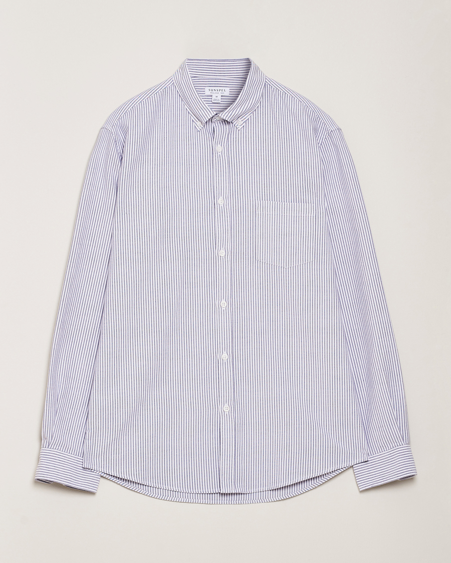 Sunspel Striped Oxford Button Down Shirt White/Navy