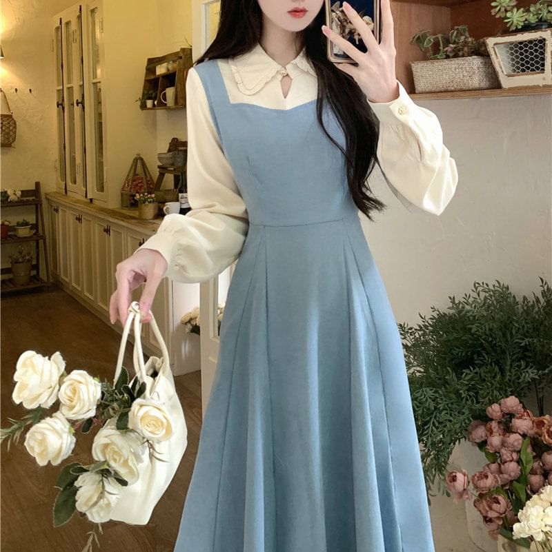aistera - Mock Two-Piece Long-Sleeve Two Tone Midi A-Line Dress
