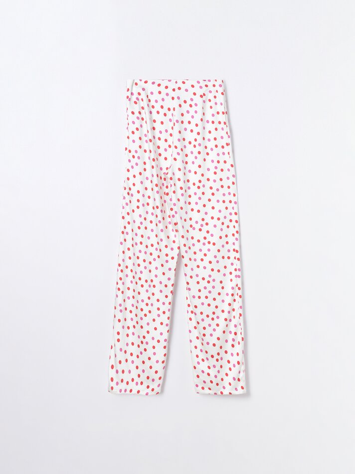 Calças de cetim com bolinhas - Branco/vermelho