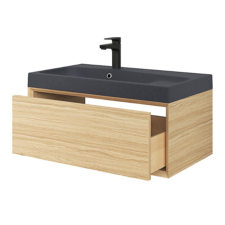 Meuble sous vasque 1 tiroir à suspendre GoodHome Avela placage chêne 80 cm + Plan vasque en résine noir Mila