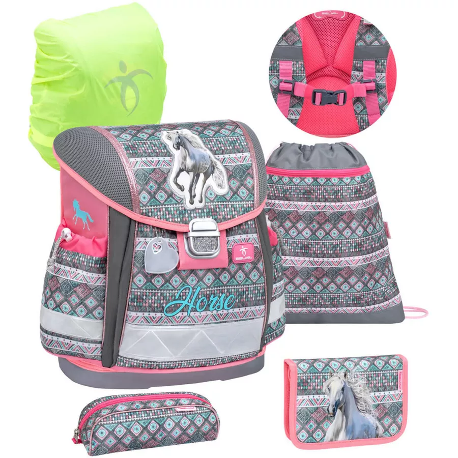 Belmil Schulranzen Classy Schulranzen Set 5-teilig mit Brustgurt Horse Aruba Blue