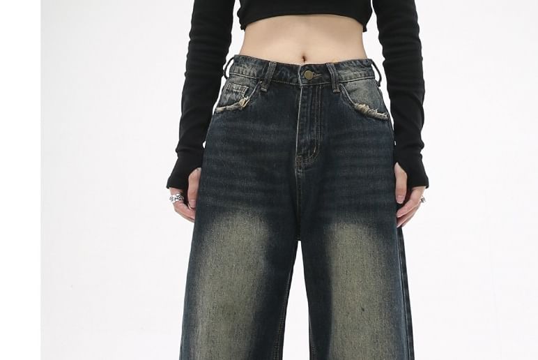 Bolgivy - Mid Waist Washed Wide Leg Jeans (Diverse designs)