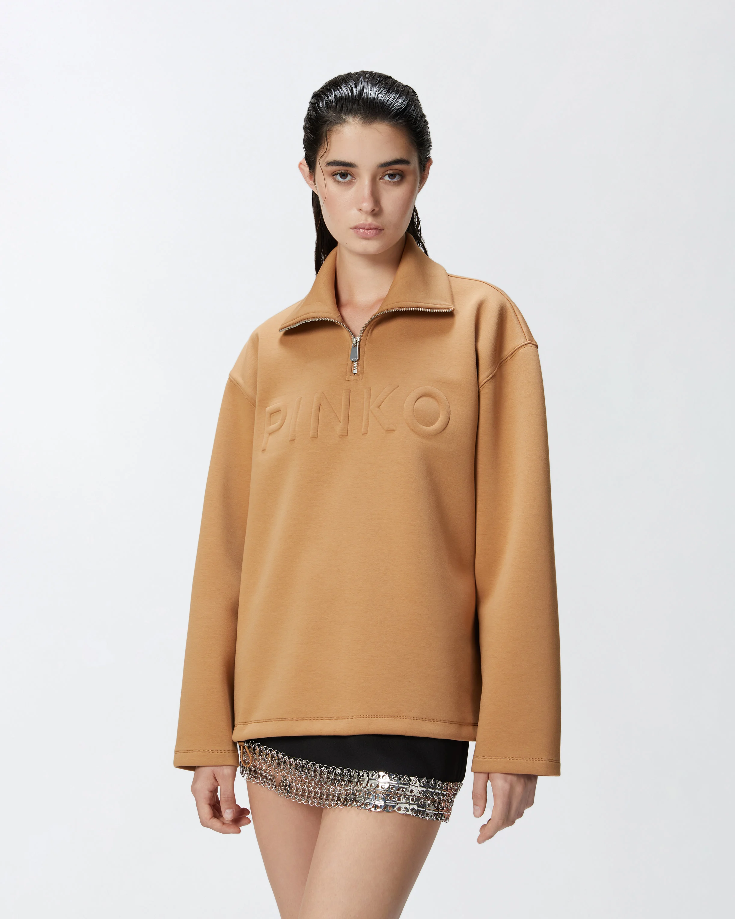 Sweat-shirt à col montant zippé avec logo brodé | Orange
