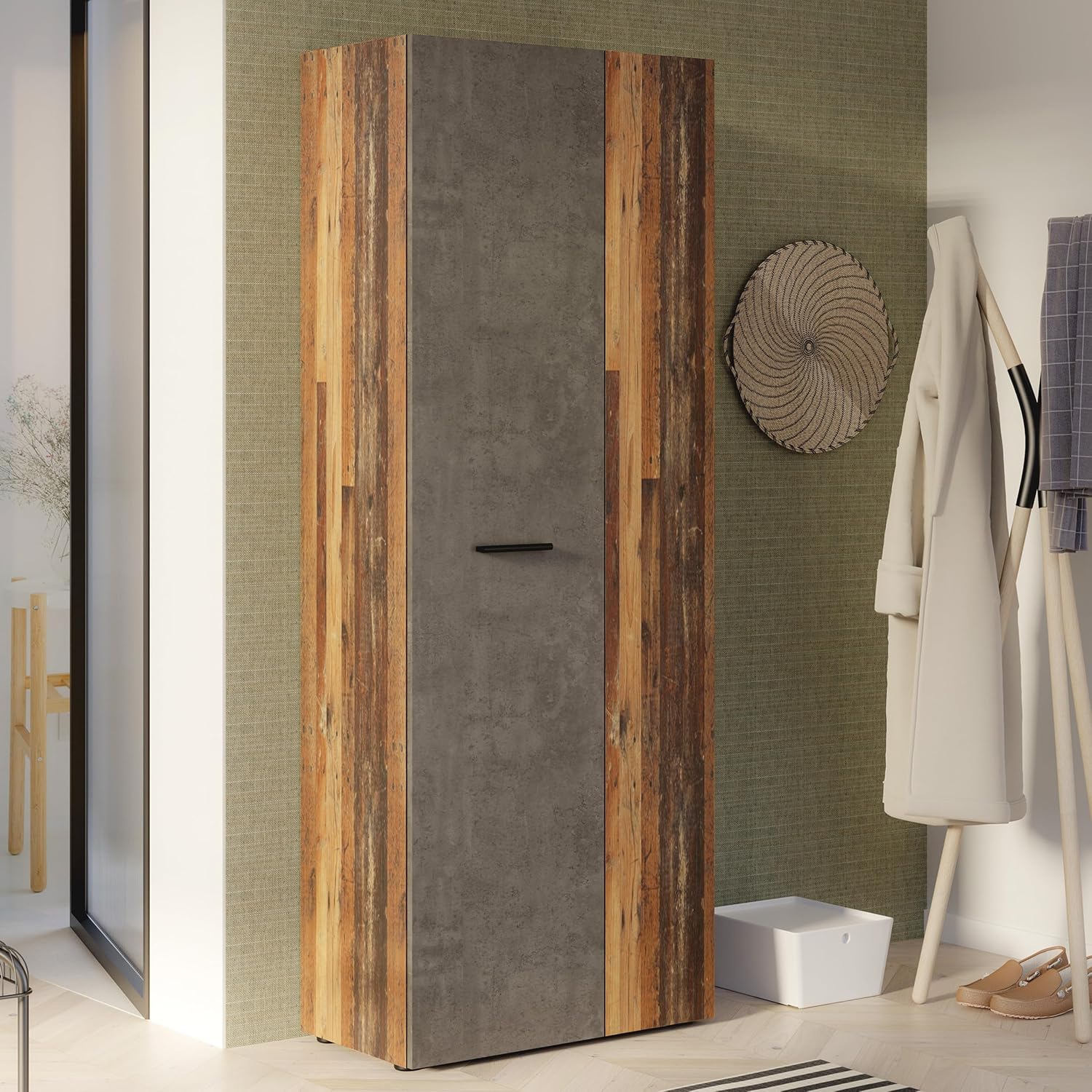 Forte NET106 Schrank 70 180, Mehrzweckschrank, Staubsaugerschrank, Abstellraum, Drehtürenschrank, 2-türig mit Einlegeböden, Beton-/Holzdekor Vintage Eiche, 68,7 cm breit x 181,1 cm hoch x 36,5 cm tief