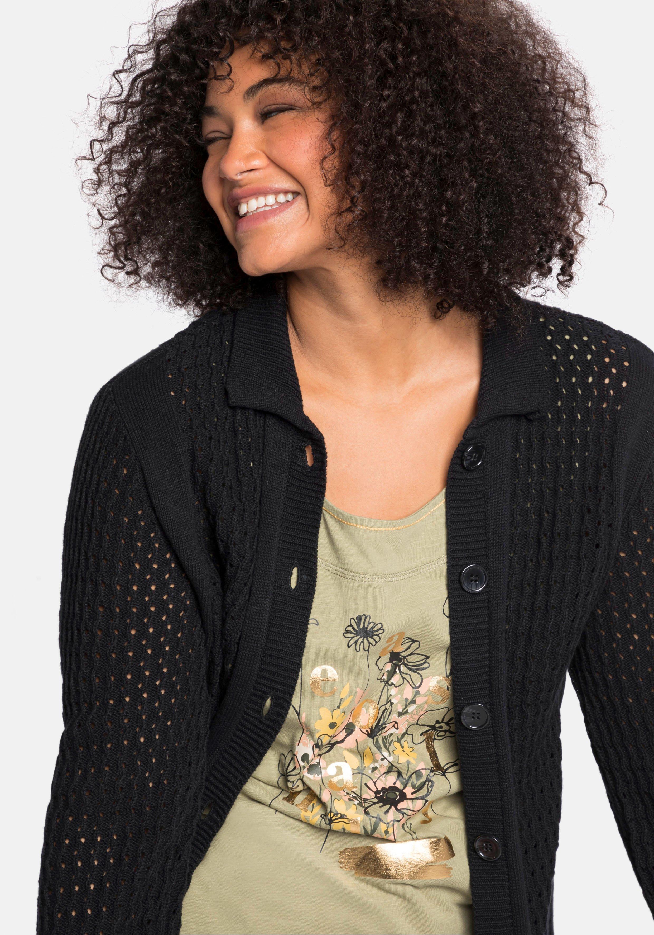Cardigan mit Ajourstrickmuster und Kragen