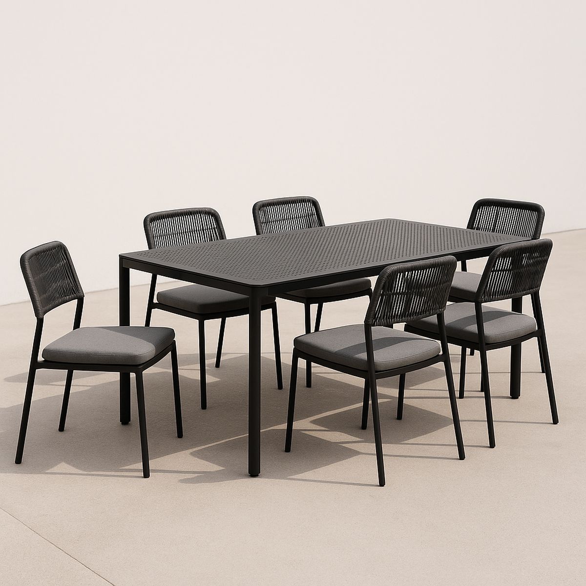 Essgruppe aus Aluminium mit 6 Stühlen und Tisch, Schwarz/Grau, 200cm