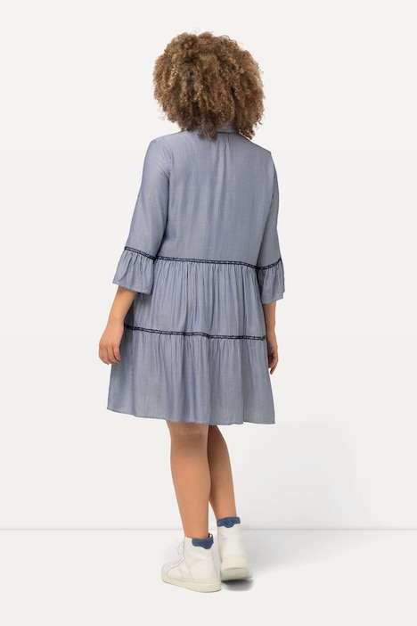 Kleid, Stickereibänder, A-Linie, Hemdkragen, 3/4-Arm
