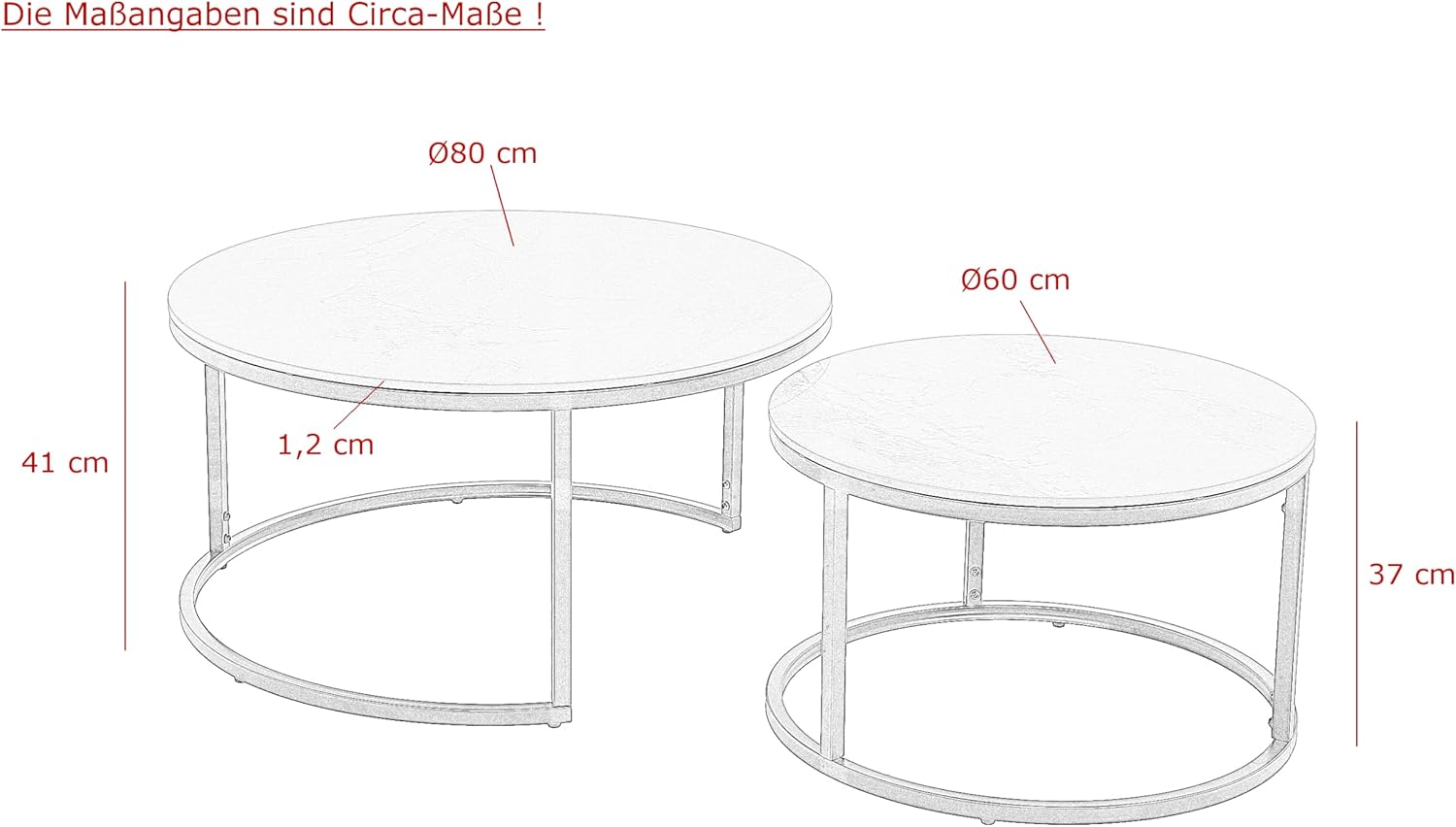 Hela Tische, 2er Set Couchtisch Luis, rund, Steinplatte Marmoroptik, Metallrahmen schwarz matt, Ø 80+60cm