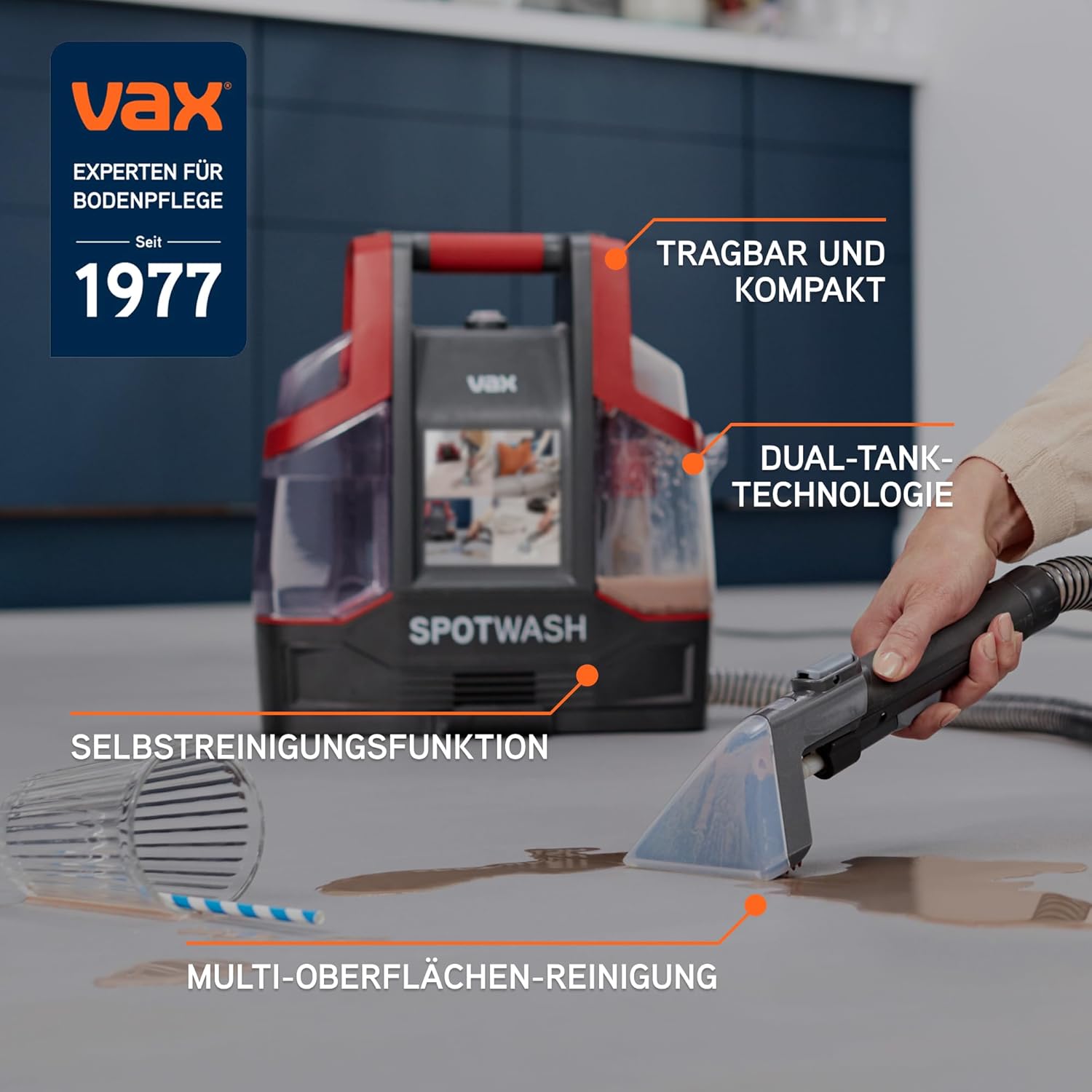 Vax SpotWash Fleckenreiniger – Teppich- und Polsterreiniger Gerät mit starker Saugkraft, schnelltrocknend, ideal für die tägliche Tiefenreinigung von Treppen, Sofas, Autos und Hartböden