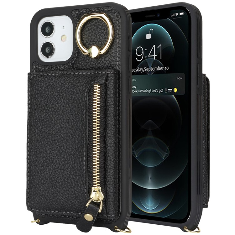 iPhone 12 / iPhone 12 Pro Necklace Leder Hülle mit Münzfach und Kartenfächer   Finger Griff Halterung   Handykette - Schwarz