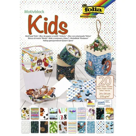 Folia Motivblock Kids, 270 g/qm, ca. 24 x 34 cm, 20 Blatt sortiert in 20 verschiedenen Motiven