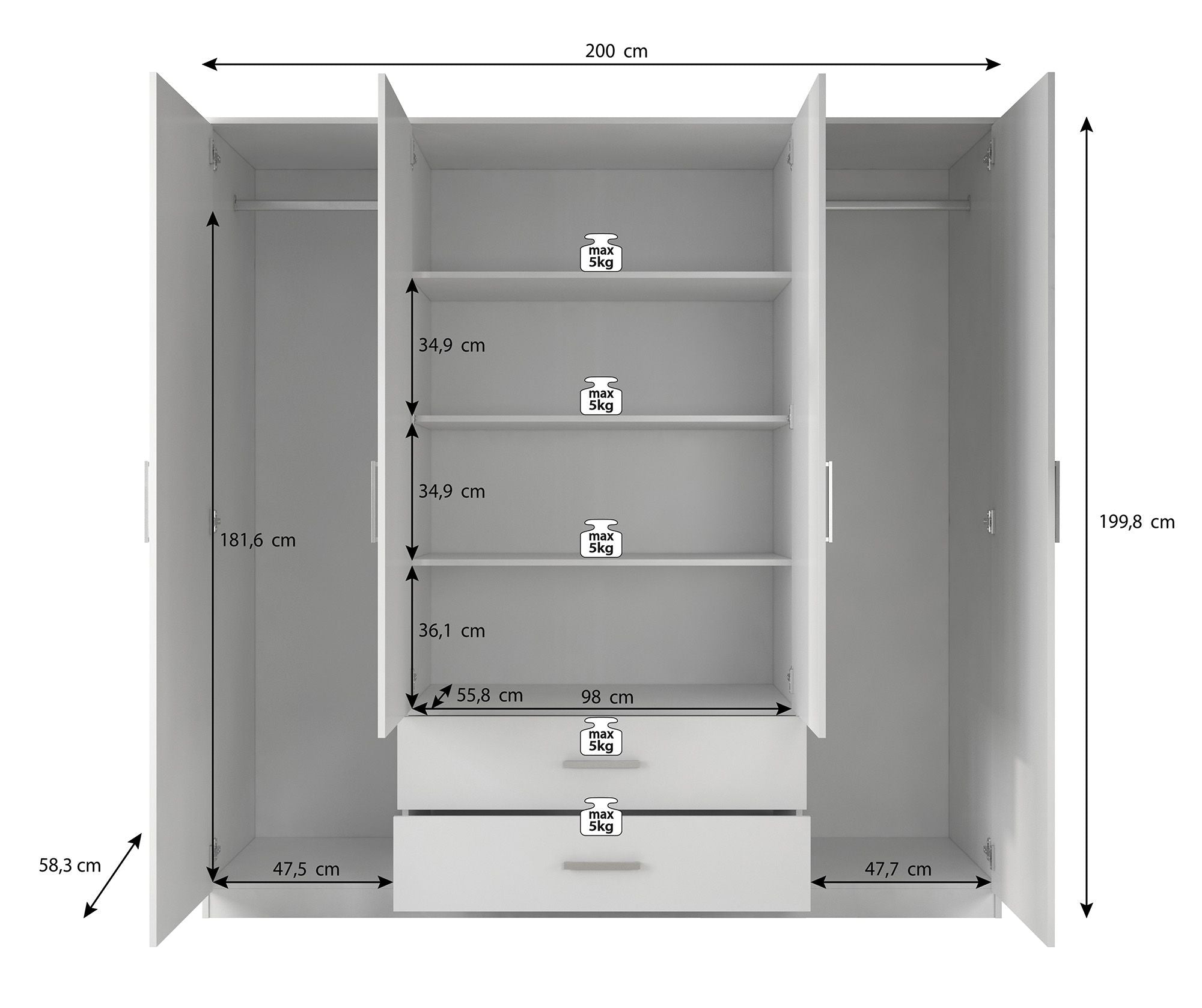 Savona - Kledingkast 4-deurs - Wit - 200x58x200 cm