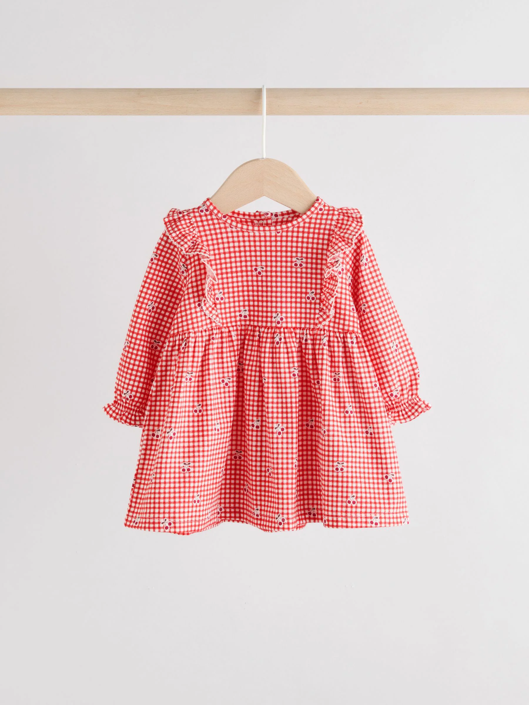 Crème beer/ rode kersen geruit - Verpakking van 2 jersey babyjurkjes (0 mnd-2 jr)