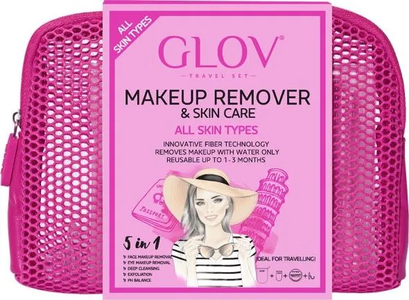 GLOV_SET Travel Set All Skin Types On-The-Go for makeup removal   Quick Treat for makeup correction   Magnet Cleanser for cleaning and conditioning GLOV fibers and makeup brushes   makeup bag