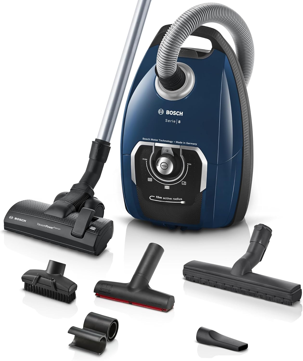 Staubsauger mit Beutel Serie 8 BGB75X494, Bodenstaubsauger, ideal für Allergiker, Hygiene-Filter, Bodendüse für Parkett, Teppich, Fliesen, langes Kabel, leise, 650 W, blau