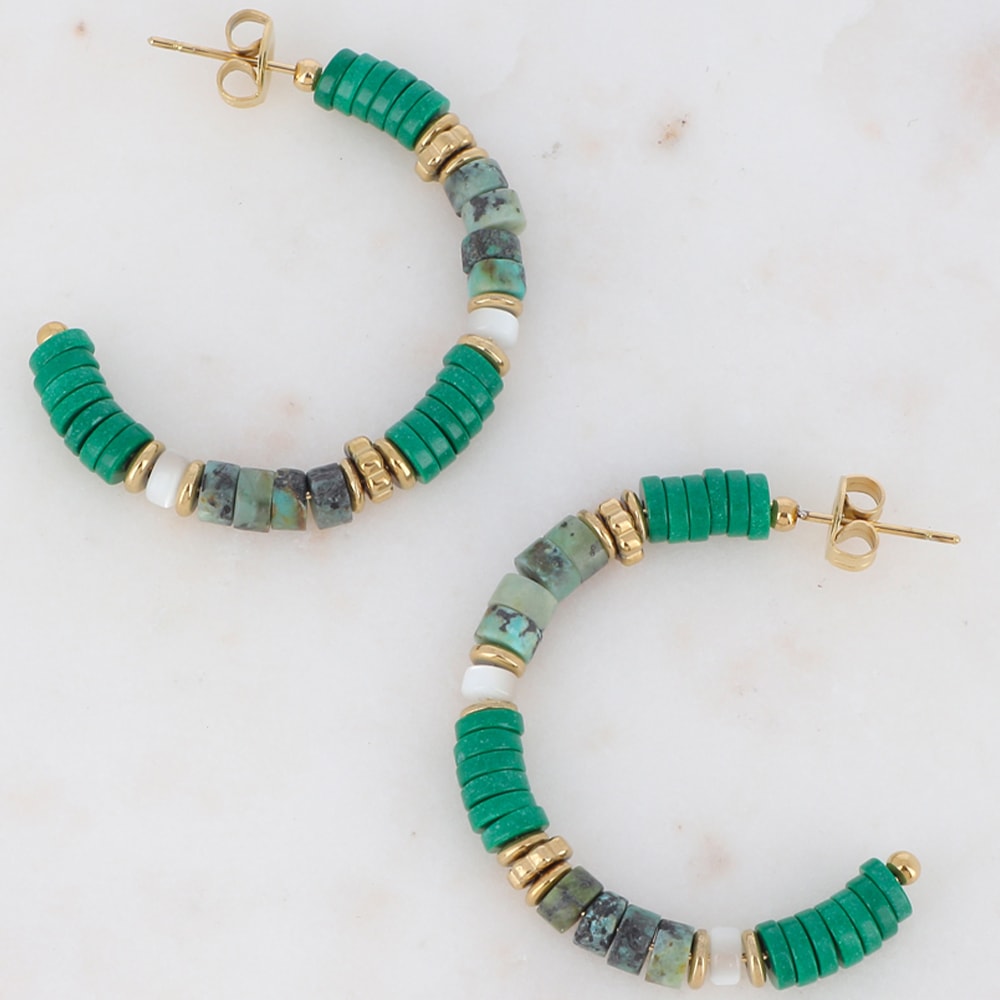 Demi-créoles - Acier inoxydable doré & turquoises africaines