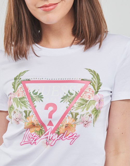 Guess - SS CN TRIANGLE FLOWERS TEE - Blanc