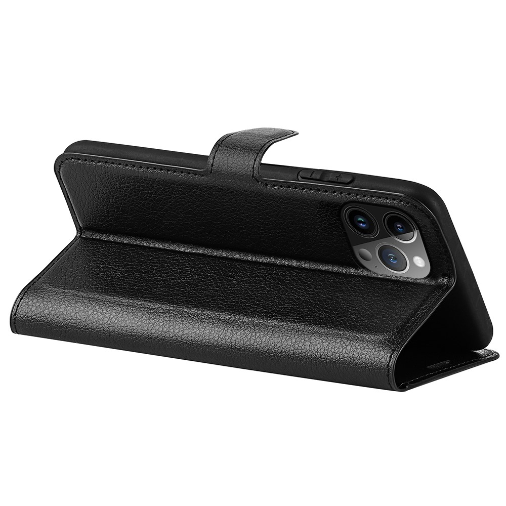 iPhone 15 Pro Leder Tasche Flip Cover Litchi Look - Schwarz