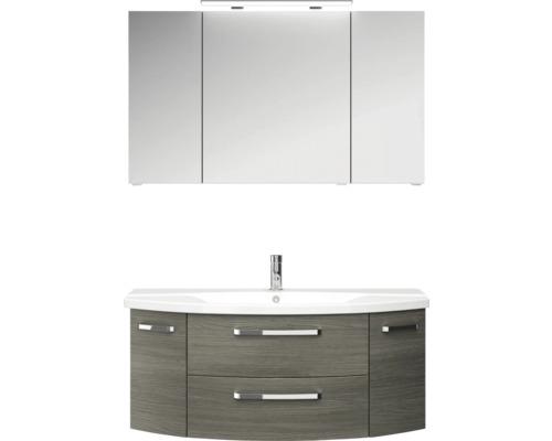 Badkamermeubelset Pelipal Serie 4010, afmetingen (B x H x D): 120,5 x 200 x 48 cm, fronten in grafietstructuur, 4-delige badkamermeubelset inclusief witte keramische wastafel, keramische badmeubel en spiegelkast met LED-verlichting.