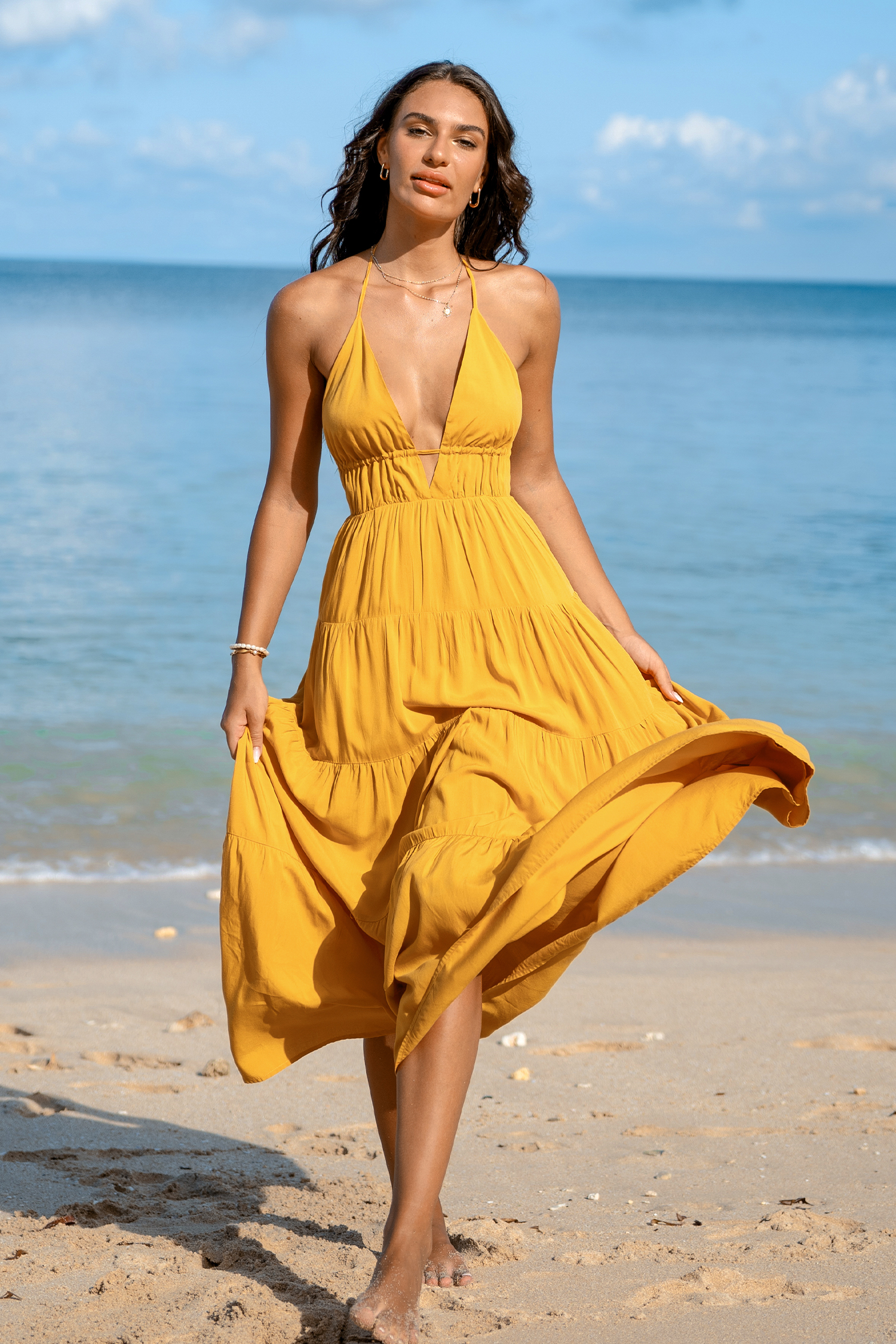 Robe maxi à col licou jaune