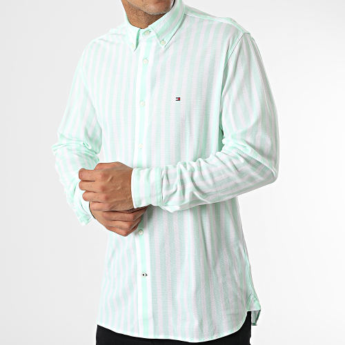 Chemise A Manches Longues Casual Knitted Bold Stripe 5220 Blanc Vert Clair