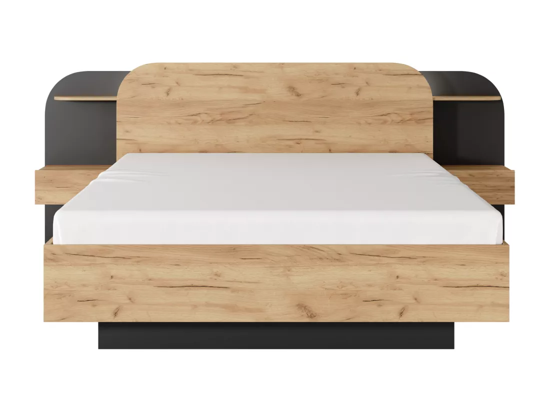 Lit coffre avec chevets 160 x 200 cm - Avec LEDs - Coloris : Naturel et noir - JUVISIA