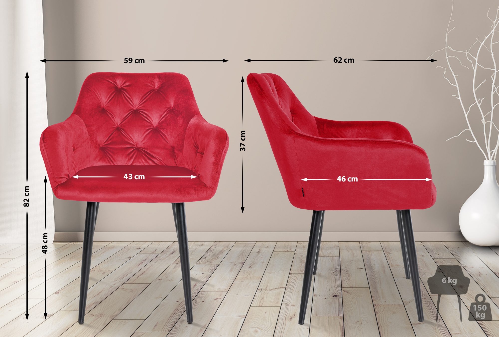 CLP 2er Set Esszimmerstuhl Stanley I Samt I Gesteppter Polsterstuhl I Küchenstuhl Mit Bodenschonern