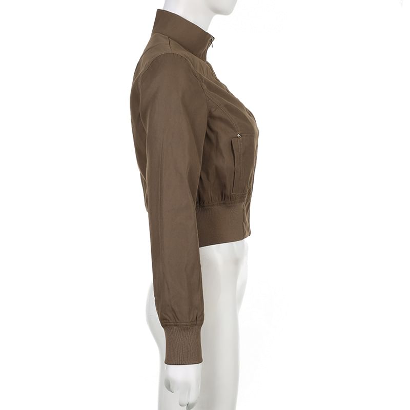 BrickBlack - Hoge kraag, effen cropped jack met rits