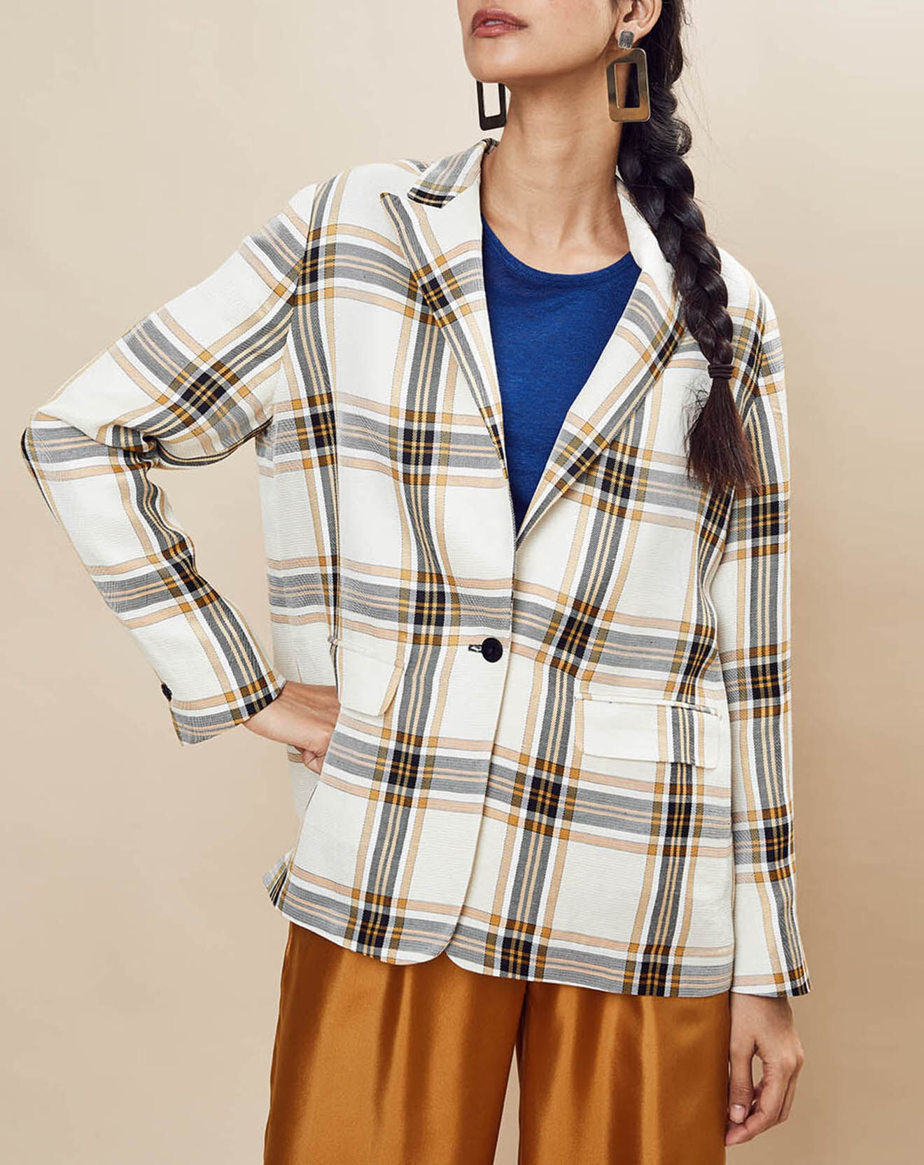 Chloé Stora Veste en Lin mélangé Valerio à carreaux écrue