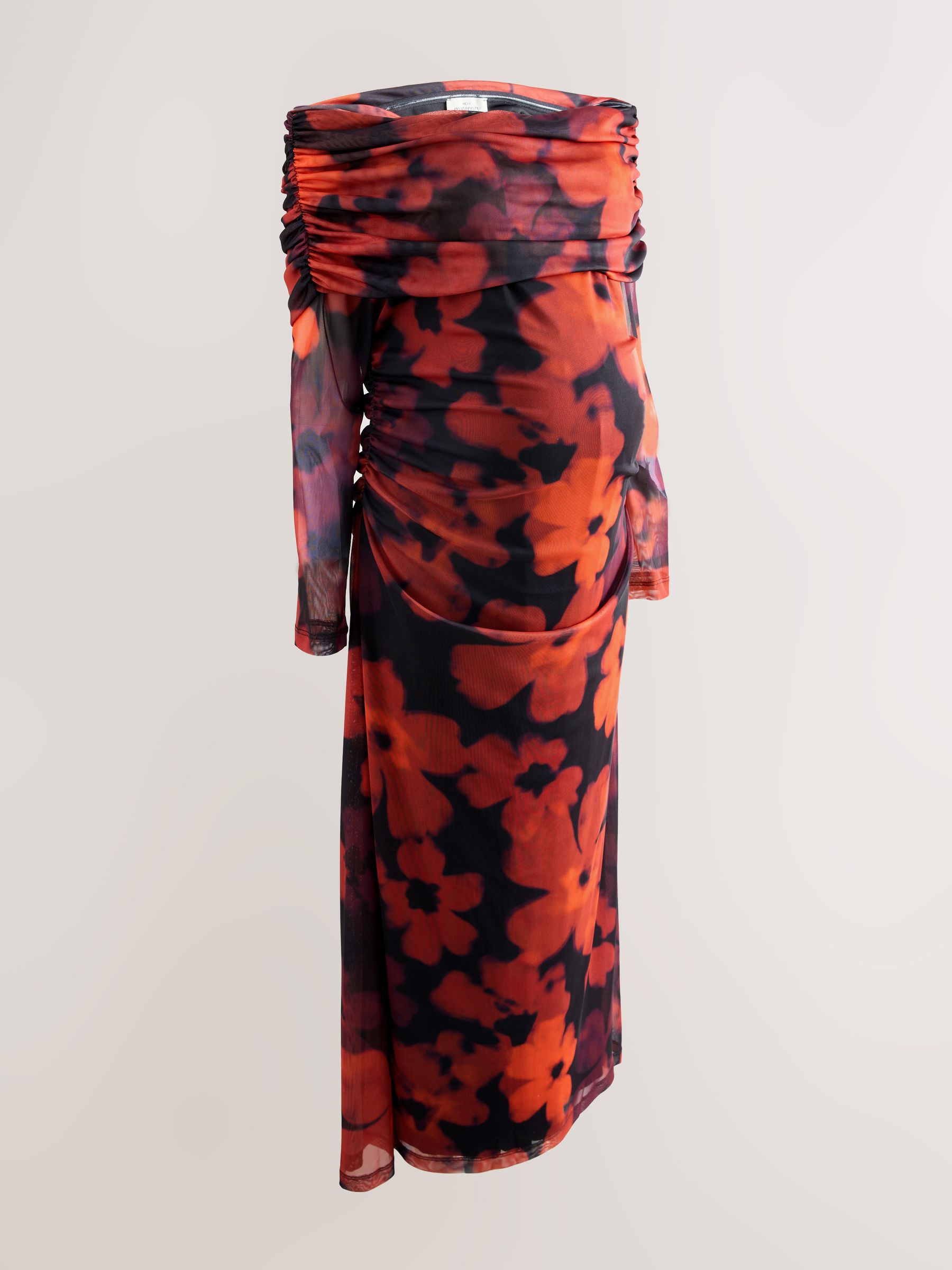 Bordeauxrood gebloemd - Maternity Mesh Bardot Dress