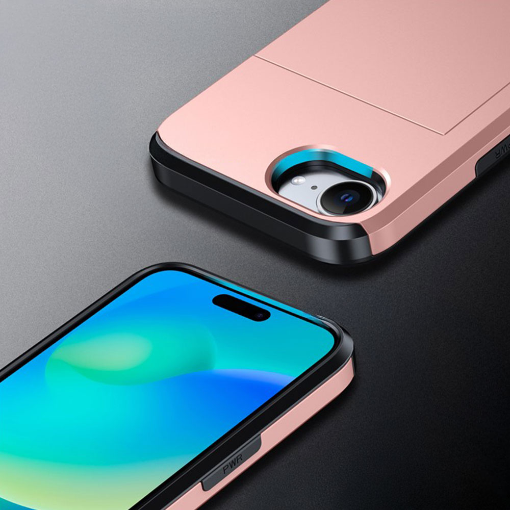 iPhone 16e Hybrid Hardcase Hülle mit integriertem Karten Portemonnaie (aufschiebbar) - Roségold