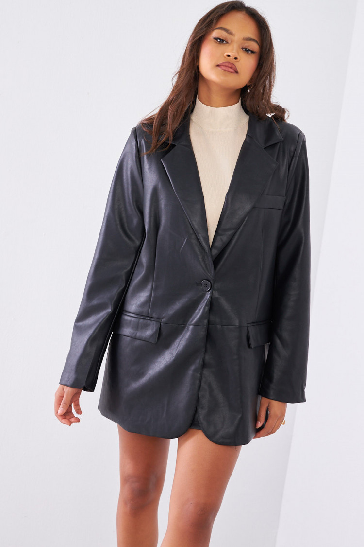Veste blazer en simili cuir noir