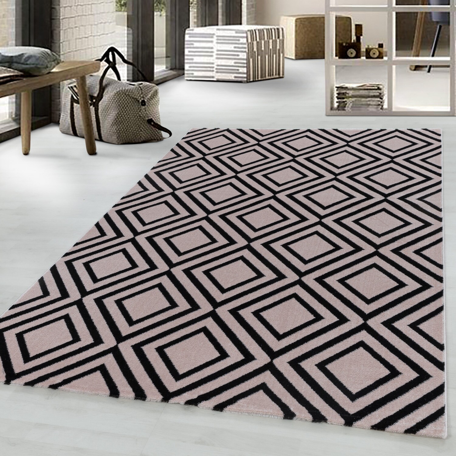 Moderner Kurzflor-Teppich im Rauten-Design Pflegeleicht ideal für das Wohnzimmer