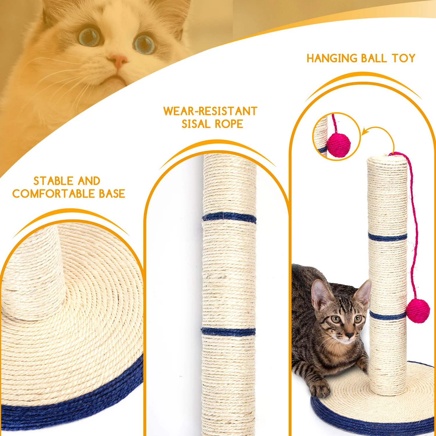 Nobleza - Arranhador para Gatos, C30*L30*A46CM, Corda de Sisal com Bolas de Pelúcia, Material de Sisal Durável, Azul