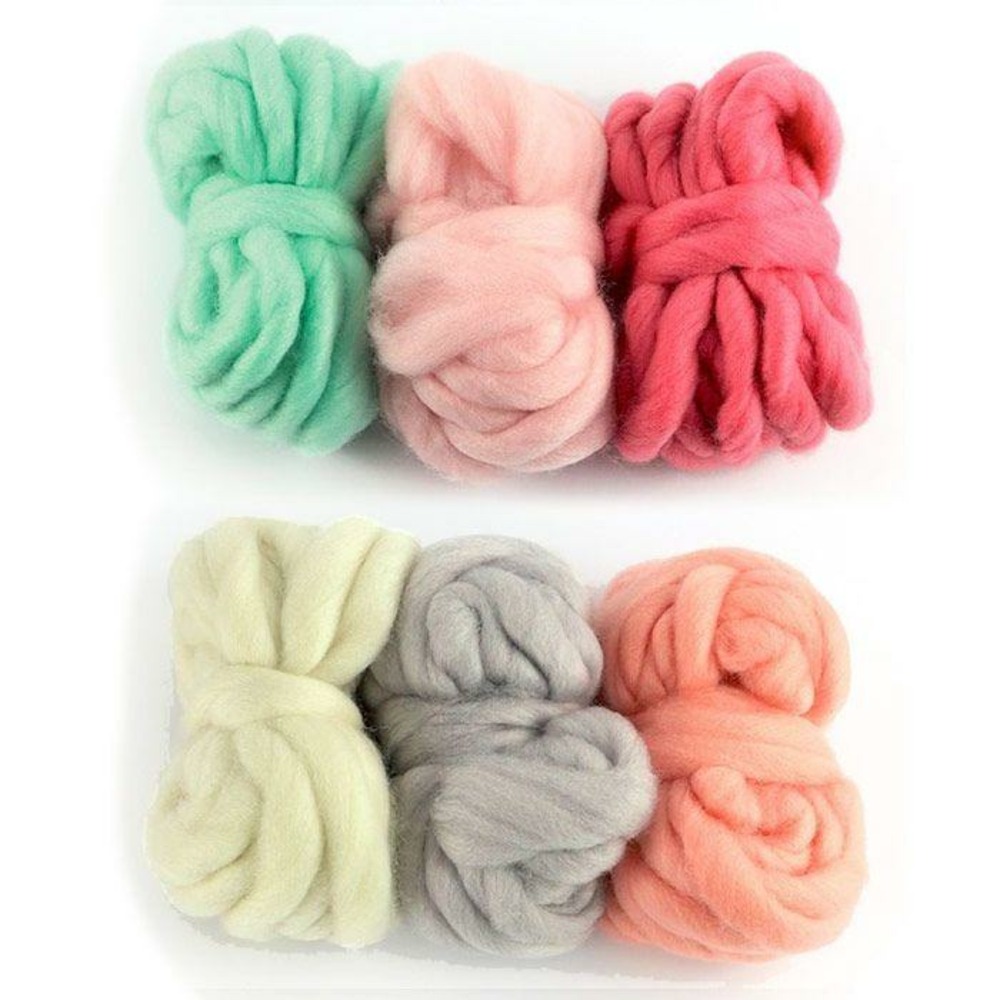 6 pelotes de laine 5 m - blanc cassé, gris pâle, corail, rose indien, rose dragée, menthe