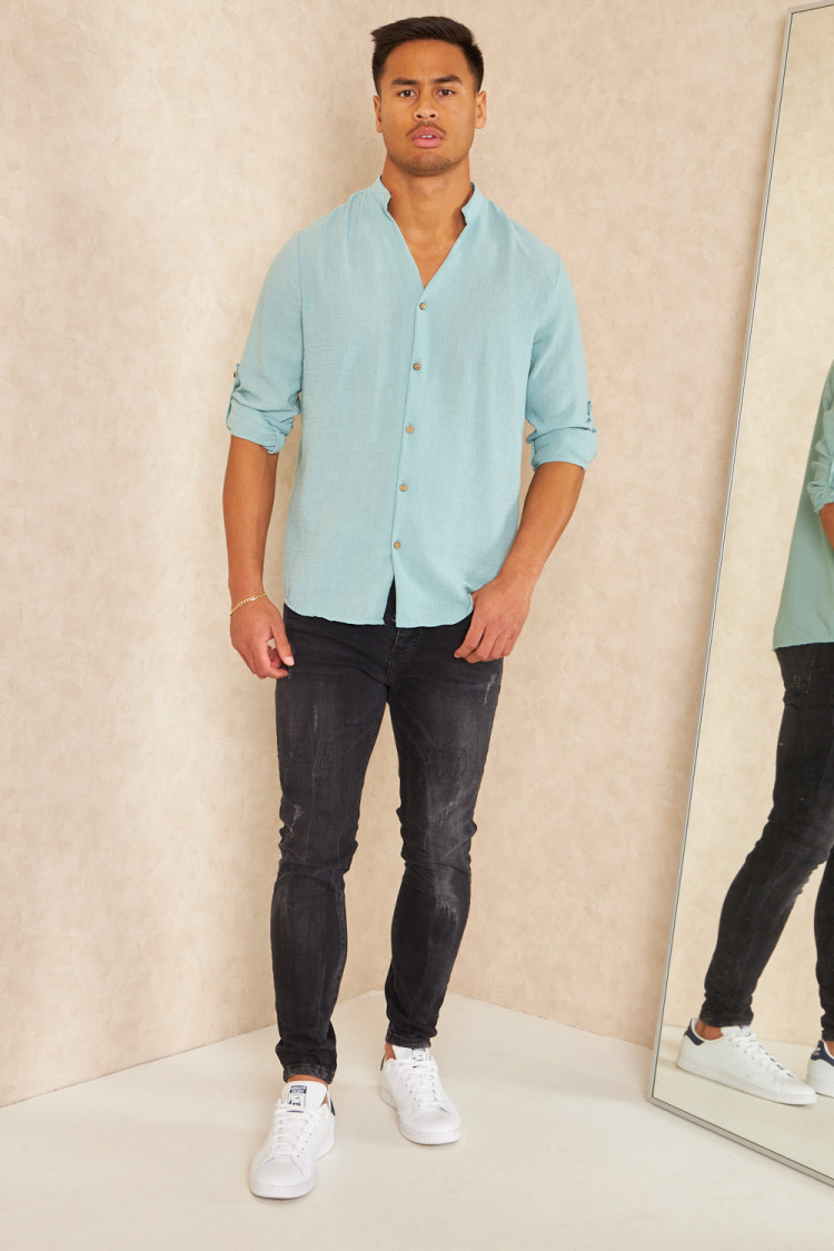 Chemise fluide col V mao texture lin vert d'eau