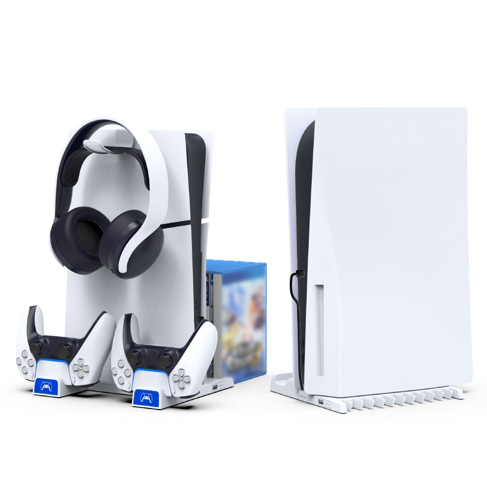 Sony PlayStation PS5 Slim Halterung mit Controller Dual Ladestation   USB A / Disk Ständer / Headset Halterung - Weiss
