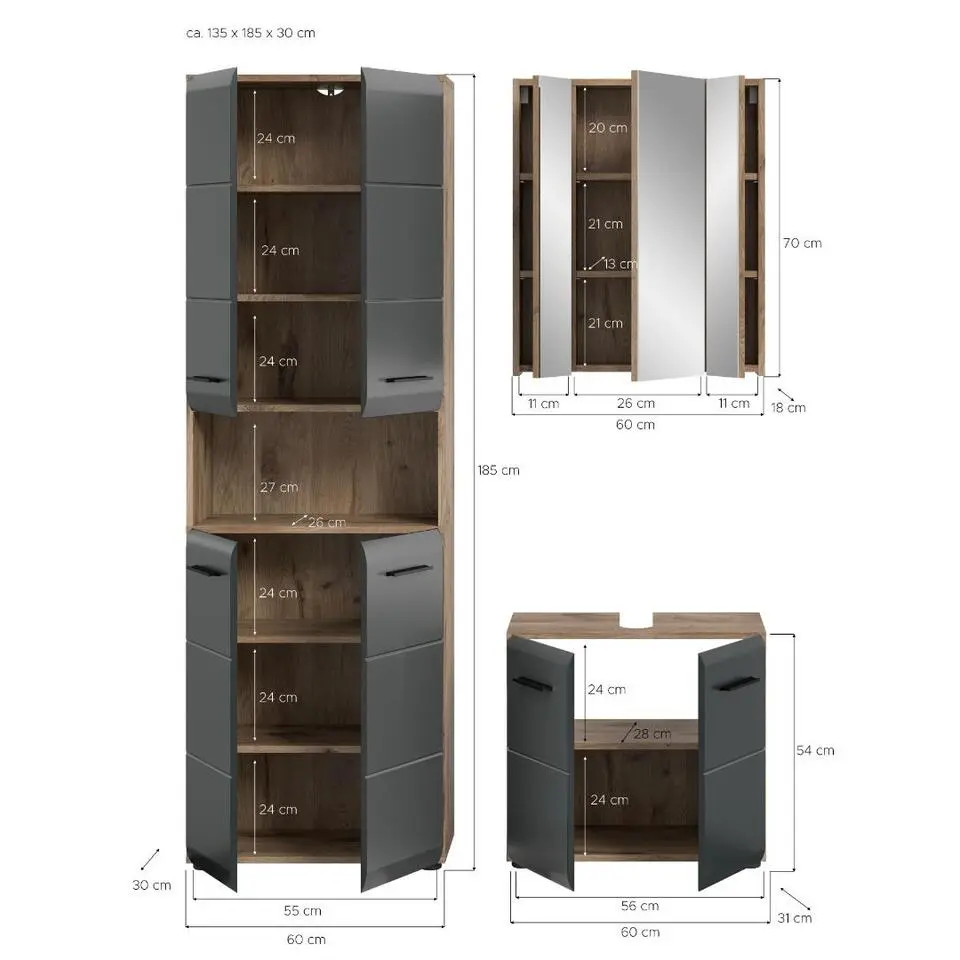 Hioshop Ice badkamer I20 zwart mat- eiken decor