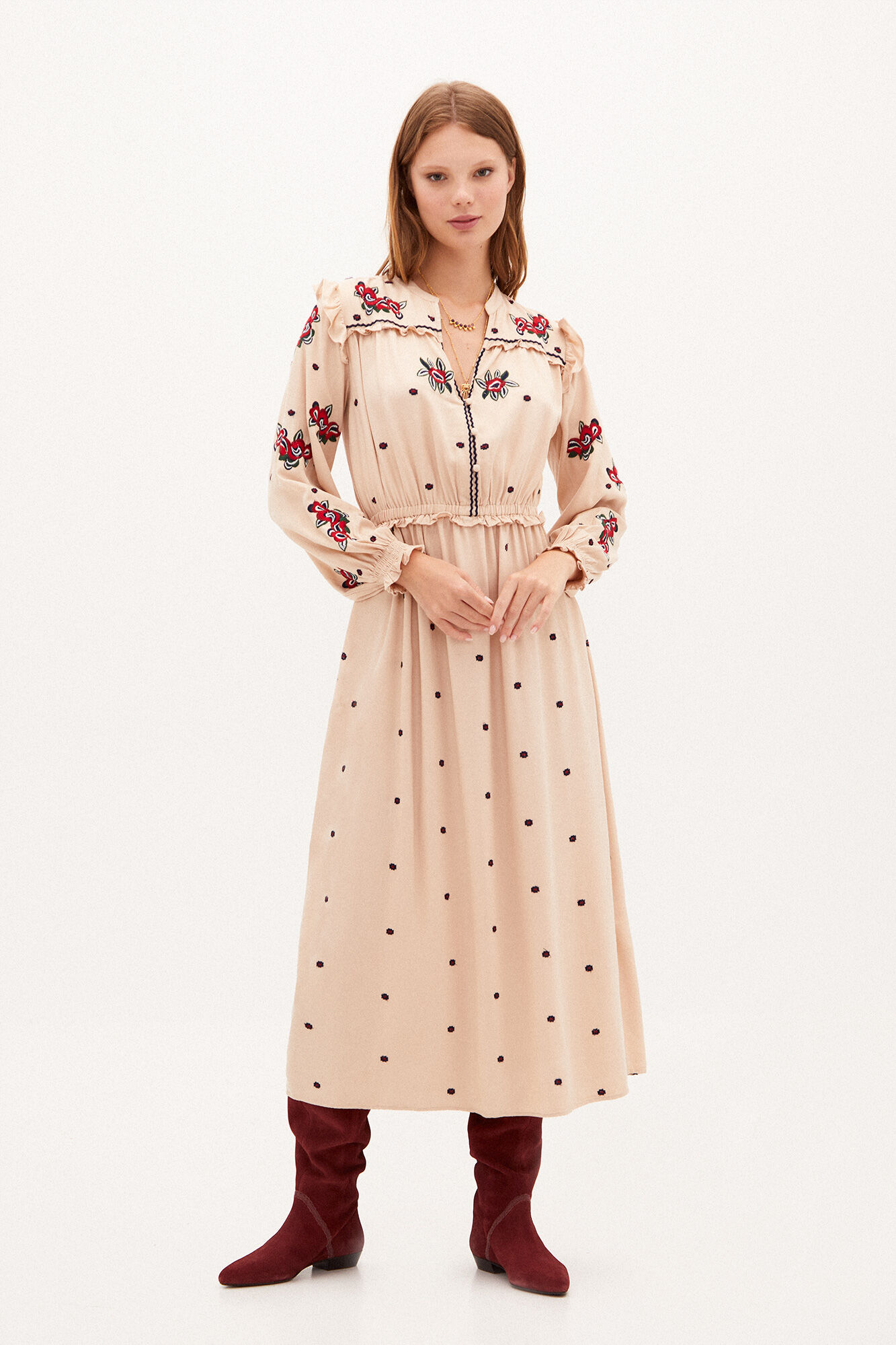 Vestido midi bordado Frida - Branco