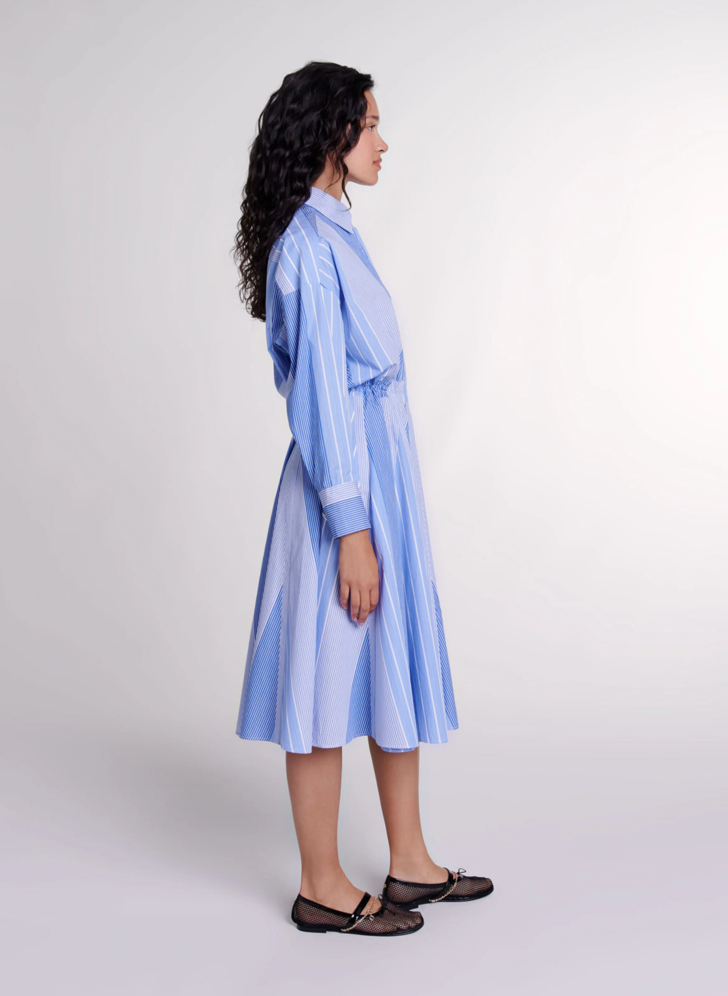 Robe midi col classique rayée en coton | Multicolore