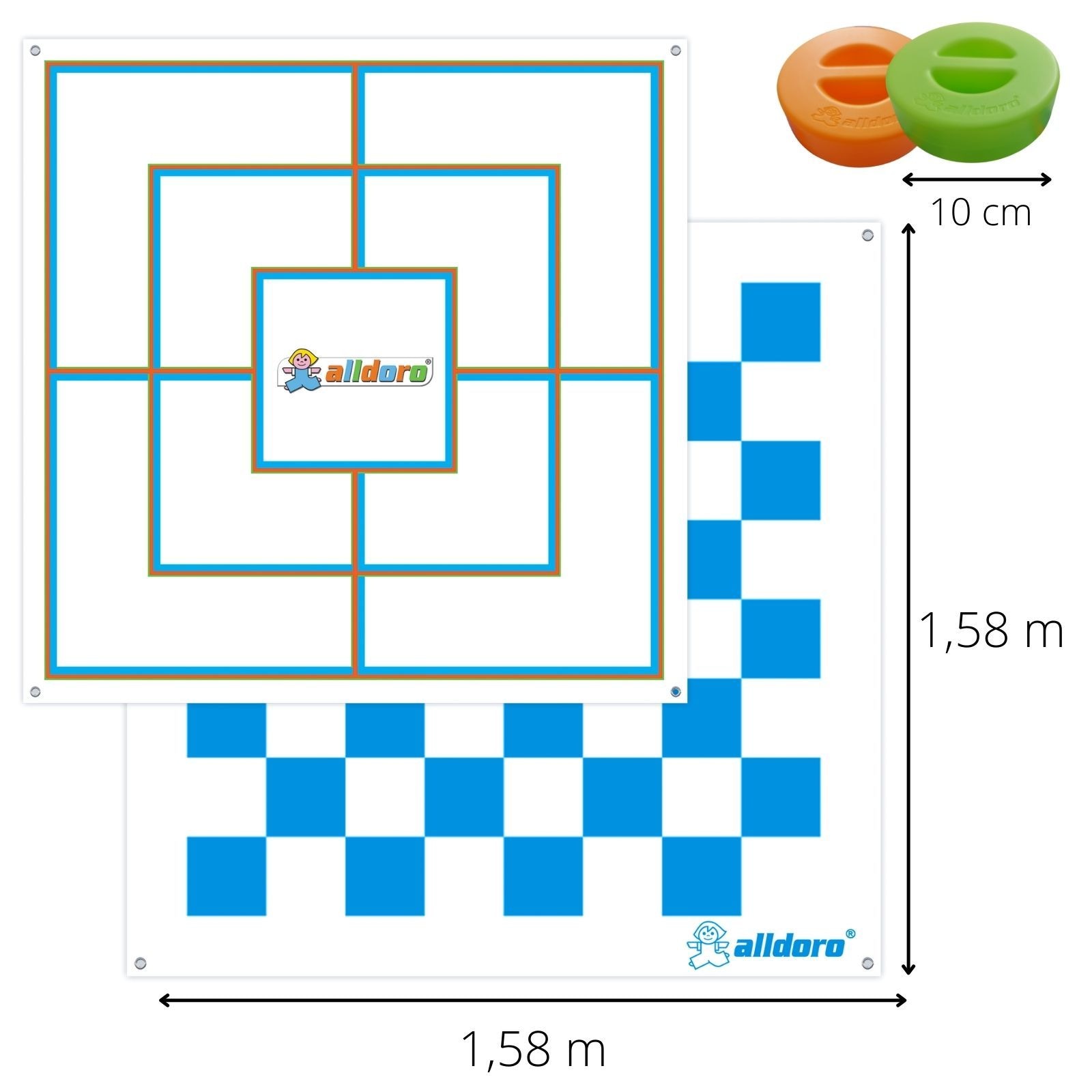 alldoro - XXL Mühle & Dame mit Tragetasche, inkl. 2 in 1 Spielfeld (158x158cm), 24 Spielsteine mit Griff, 4 Heringe
