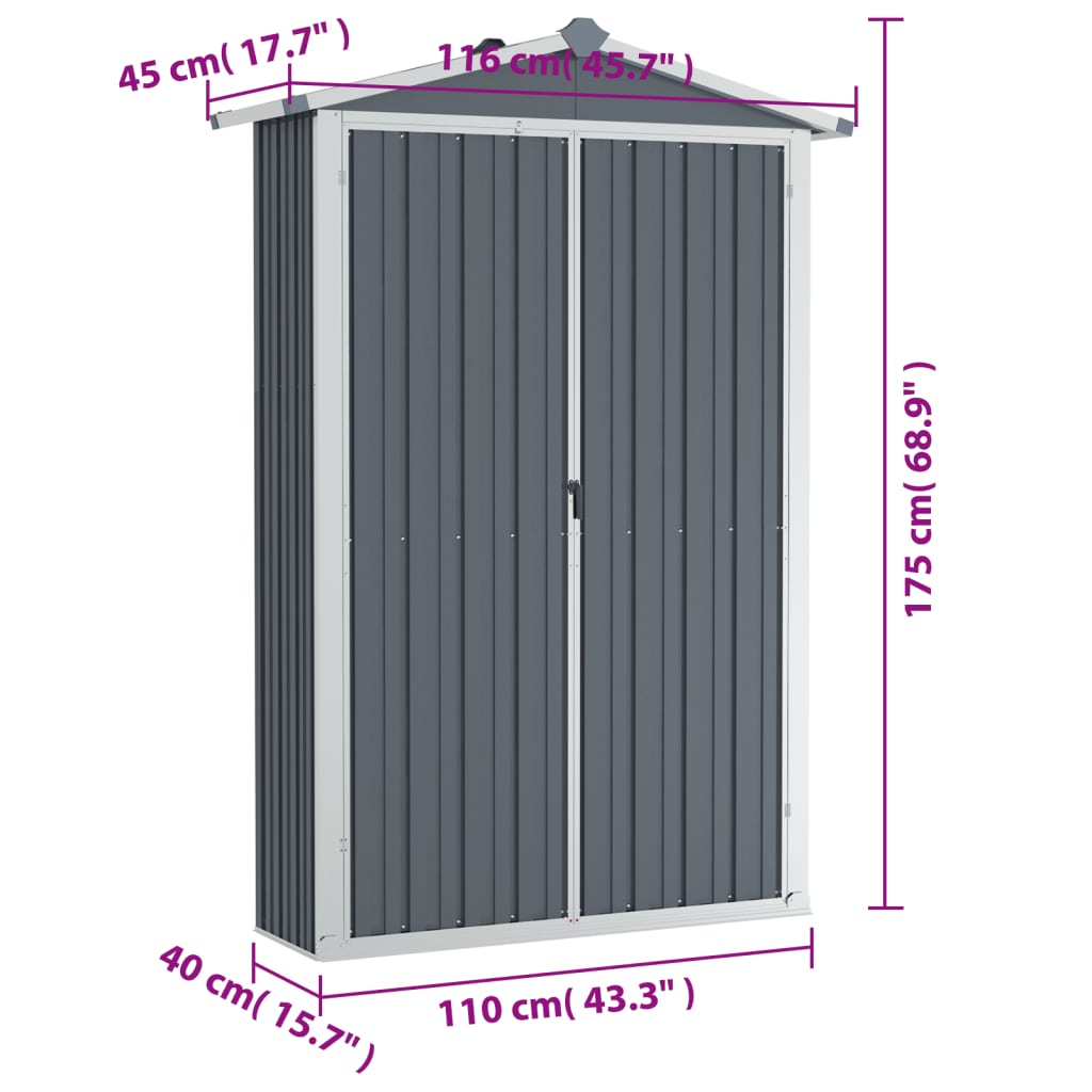 Casinha de jardim vidaXL, aço galvanizado, cinza, 116x45x175 cm
